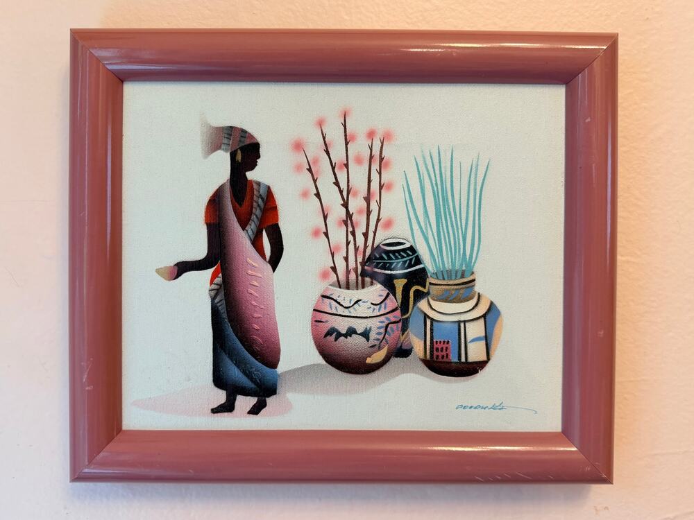 Vintage Mid Century African Woman Oil Painting Framed Silhouette Art 10"x12"